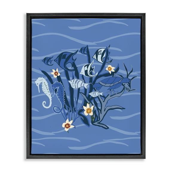 Stupell Industries Blue Undersea Critters Nautical & Beach Painting Black Floater Framed Canvas Art Print Wall Art, 17 x 21