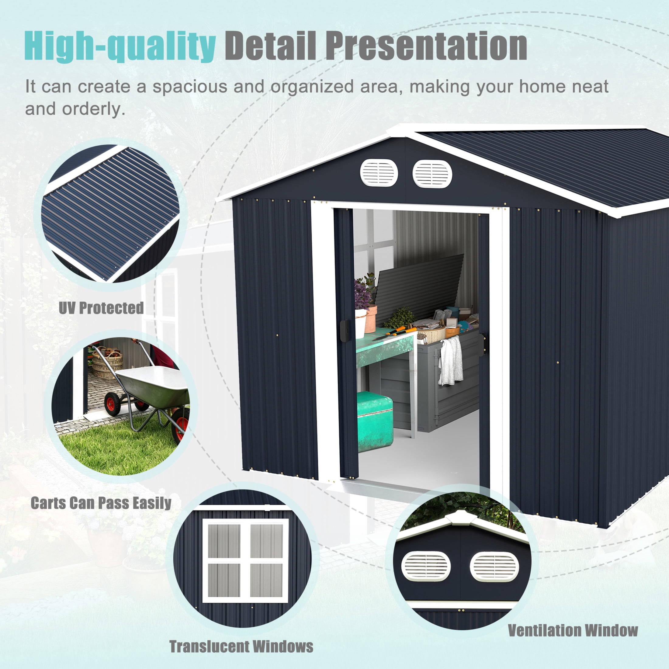 Noble House 8 x 12 FT Outdoor Metal Tool Storage Shed with Lockable Doors and Air Vents, Waterproof Garden Shed, Dark Gray