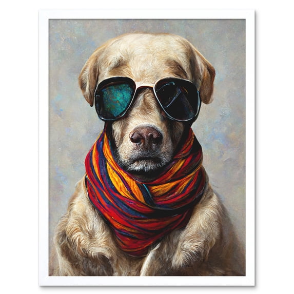 Dog Fashion Labrador Sunglasses Scarf And Jacket Illustration Art Print Framed Poster Wall Decor 12x16 inch
