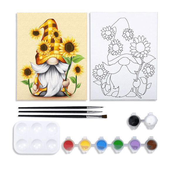 VOCHIC Canvas Painting Kit Pre Drawn Canvas for Painting for Adults Party Party Kits Paint and Sip Party Supplies 8x10 Canvas to Paint Sunflower Gnome 8 Acrylic Colors,3 Brush,1 Pallet Paint Art Set