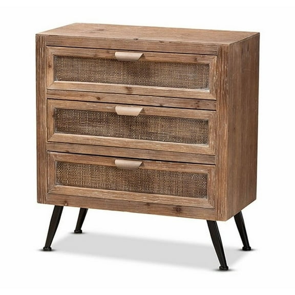 Mid-Century Modern Whitewashed Natural Brown Finished Wood and Rattan 3-Drawer Storage Cabinet