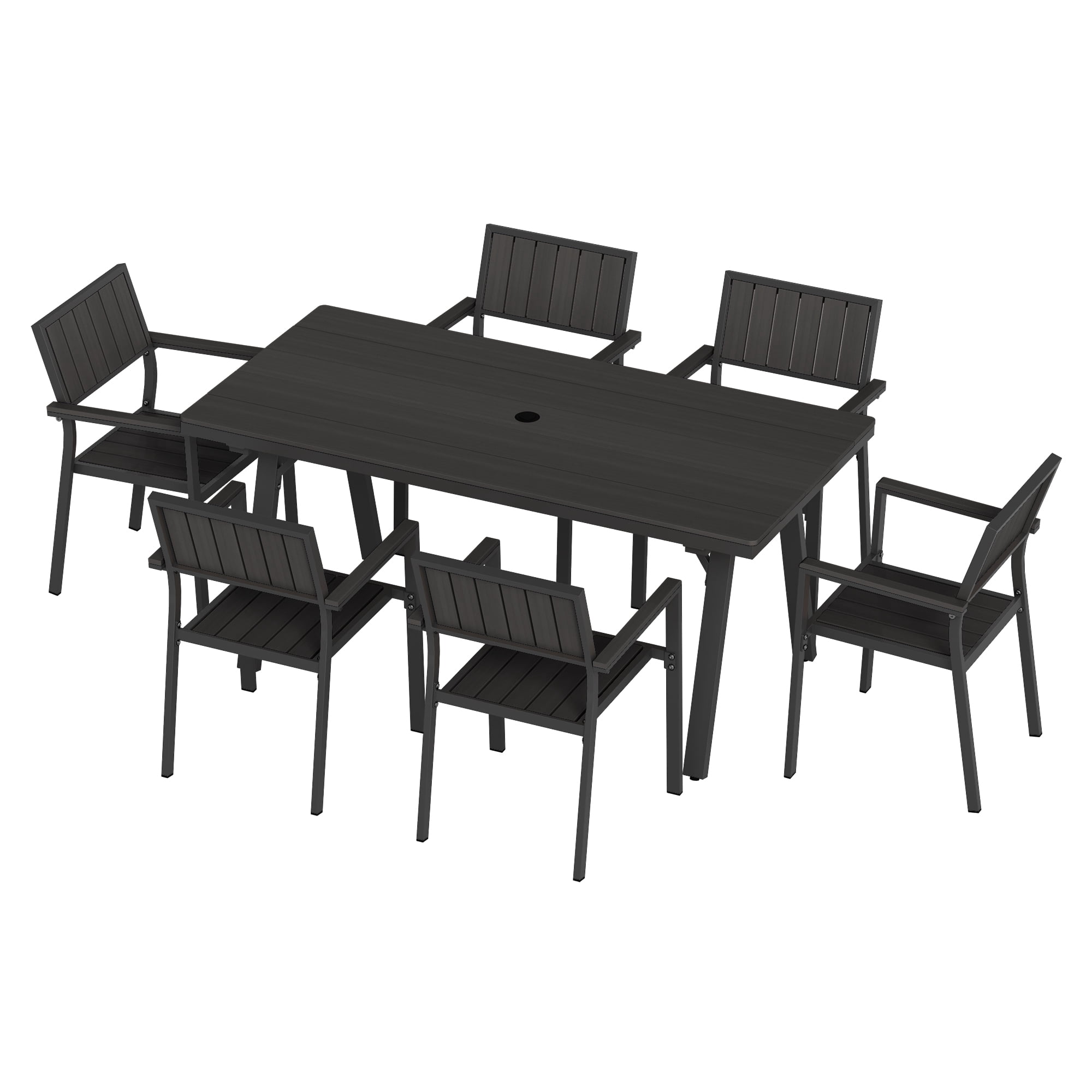 Ciokea 7 Piece Aluminum HDPS Outdoor Dining, Patio Table with Umbrella Hole & Stackable Chairs, All-Weather HDPS Furniture for Backyard, Poolside, Black
