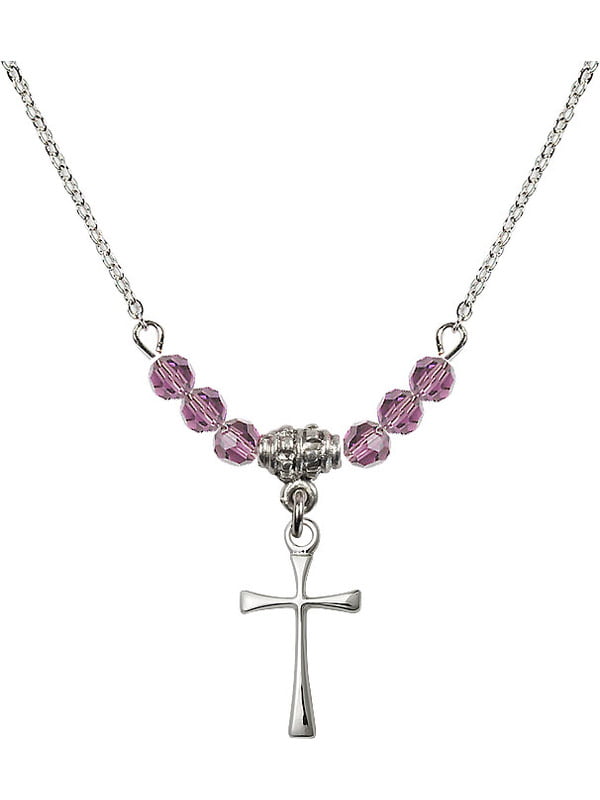 Bonyak Jewelry 18 Inch Rhodium Plated Necklace w/ 4mm Light Purple February Birth Month Stone Beads and Cross Charm 