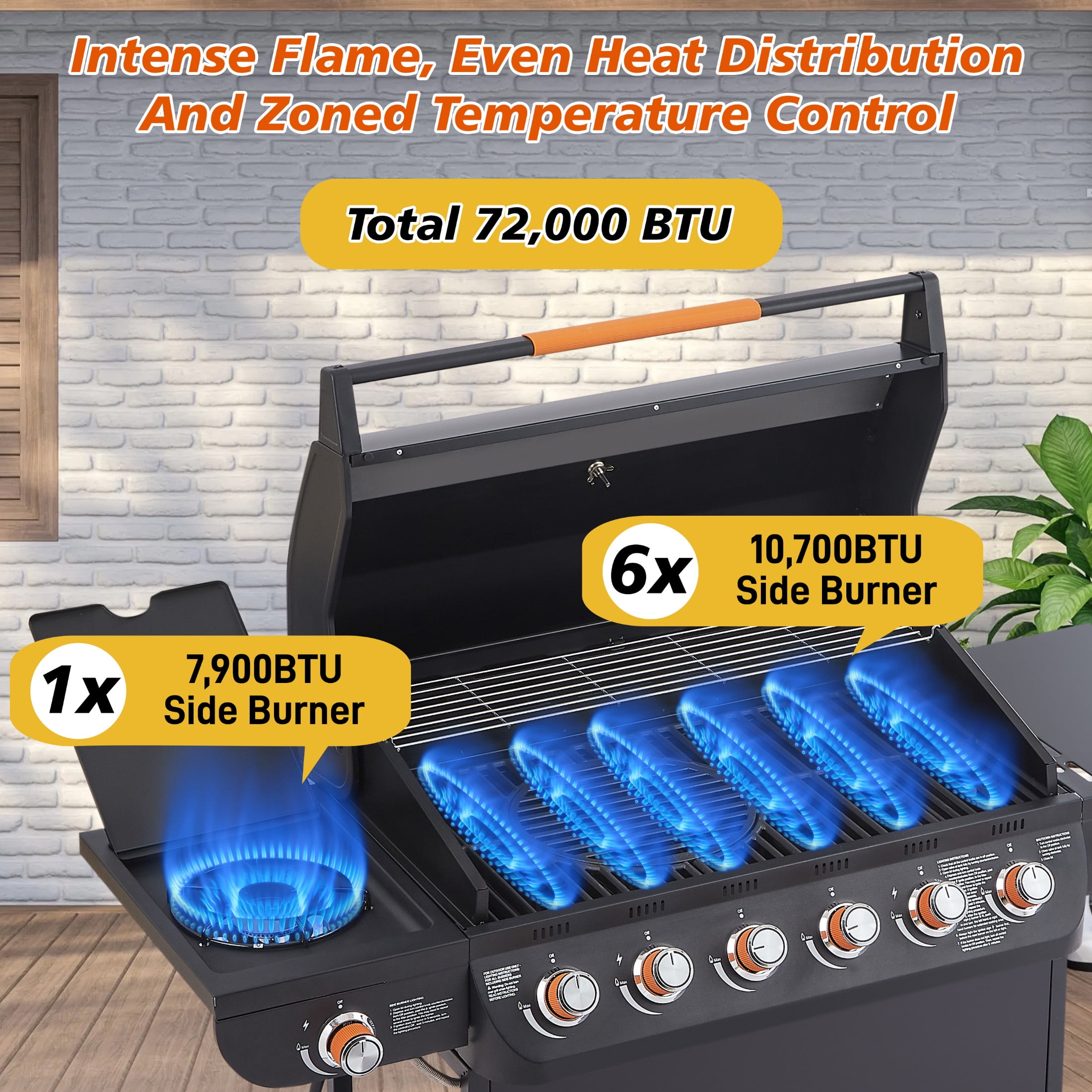 6 Burner BBQ Propane Gas Grill with Side Burner 72000 BTU Output Stainless Steel Barbecue Grill with Cast Iron Grates and Side Tables for Outdoor Cooking Kitchen and Patio Backyard