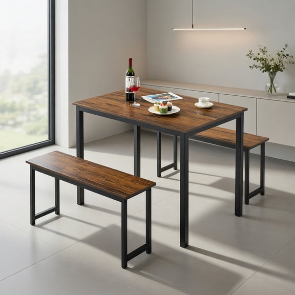 Demi Bonn Dining Set, Dining Table Set, 3 Pieces Dining Table Set with 2 Benches for Dining Room Kitchen Bar, Brown