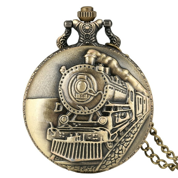 Retro Bronze Train Locomotive Steampunk Quartz Pocket Watch Women Men Necklace Pendant with Chain Birthday Gift