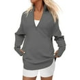 thumbnail image 2 of Women'S Long Sleeve Quarter Zip Pullover Sweater Casual Loose V Neck Collared Ribbed Knit Tops Dark Gray M, 2 of 6
