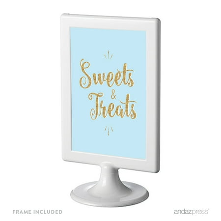 White Gold Dollar Sign Signature Baby Blue, White, Gold Glittering Christening Party, Framed Party Sign, Sweets & Treats, 4x6-inch Double-Sided ()