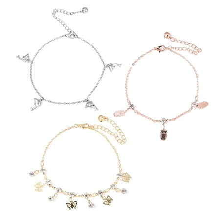 Goldstone Anklet - Set of 3 Anklet Round White Crystal Rosetone & Goldstone Jewelry for Women Gift