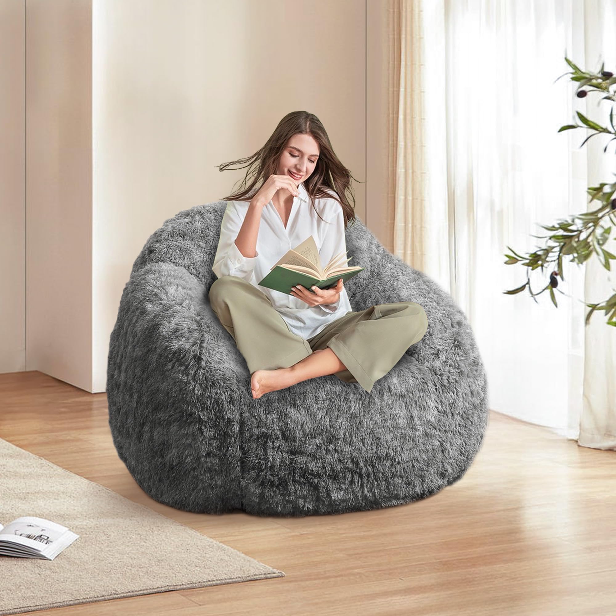 BouPower Bean Bag Chair for Adults, Plush Fluffy Faux Fur Sofa, Premium High-Density Sponge Filler Ergonomic Backrest & Armrests, Removable Washable Cover Comfy Lazy Chair for Bedroom Living Room