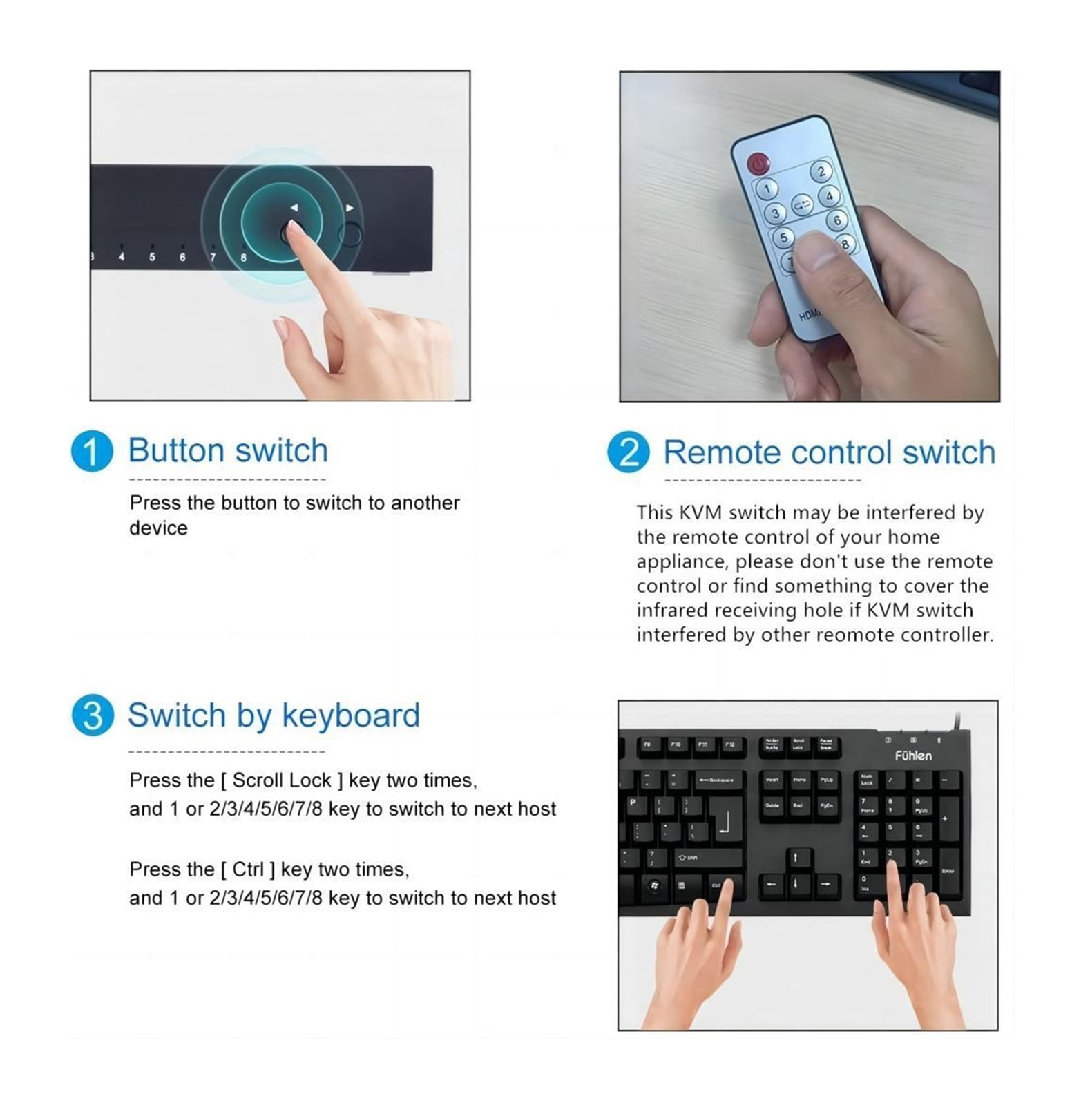 KVM USB Switch, 8 In 1 Out Switcher Box Support 4K30Hz