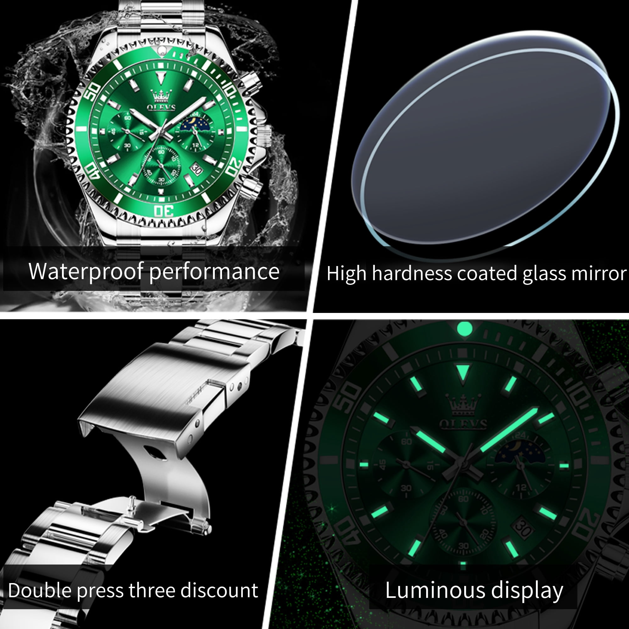 OLEVS Mens Chronograph Watch Green/Silver 42.5mm Outdoor Watch, Stainless Steel Strap 2870