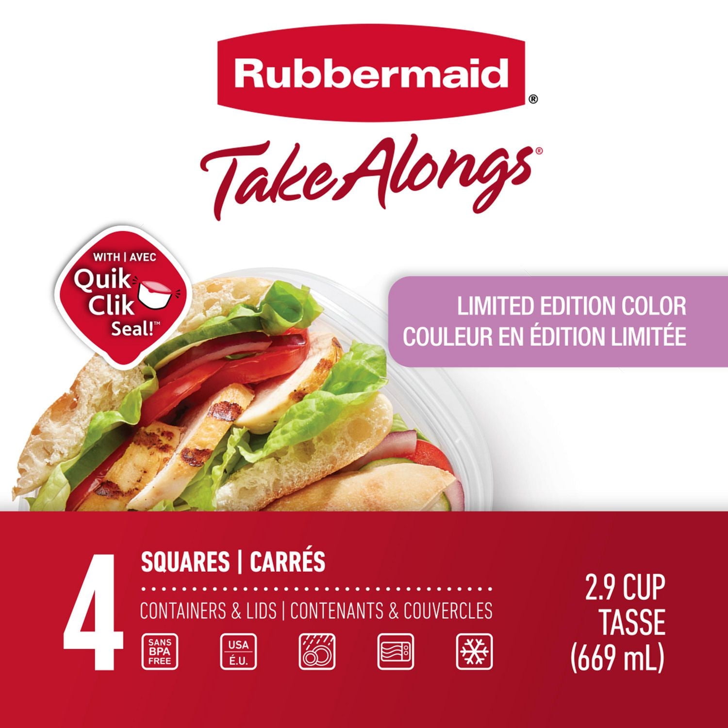 Rubbermaid TakeAlongs Square Food Storage Containers, 669 mL (2.9 Cup), Special-Edition Orchid Purple, 4 Pack