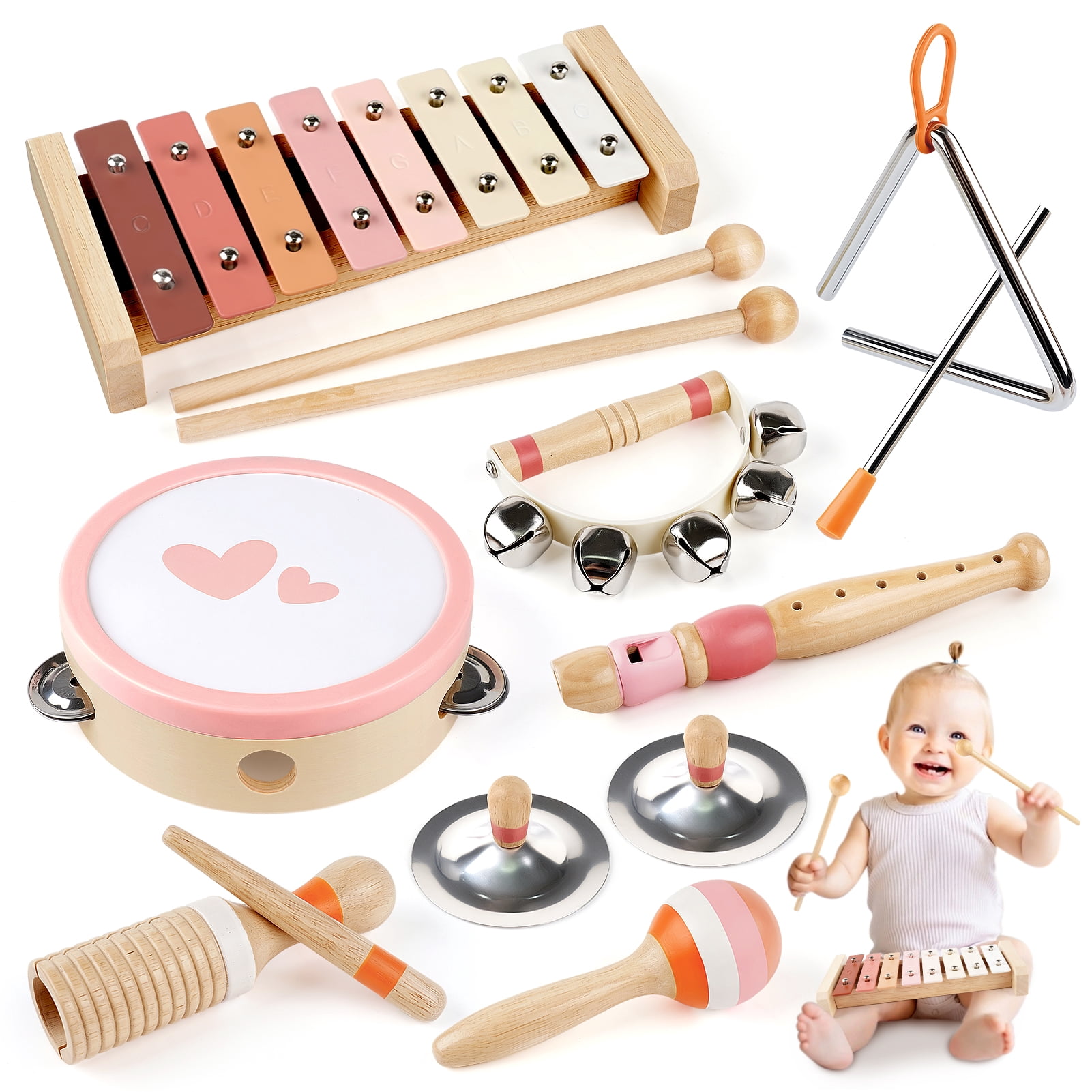 Vanplay Wooden Musical Instrument Set for Toddlers, 8-Piece with Xylophone and Drums