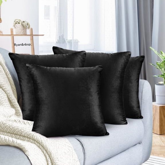 Ryan Soft Short Plush Timeless Pillow Covers Set of 4, 20x20 Inches Solid Square Decorative Cushion Covers for Couch and Bed, Onyx Black Shade, Easy Care Fabric, Soft Plush Texture, Sofa Decor