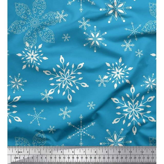 Soimoi Blue polyester Crepe Fabric Snow Flakes Floral Printed Craft Fabric by the Yard 52 Inch Wide