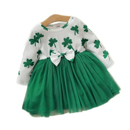

NZRVAWS 3T Toddler Baby Girls Dress Clover Print Splice Gauze Bow Long Sleeve Round Neck Dress 1PCS Sun Dress 3-4T Green