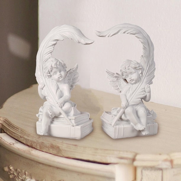 Figuras de estatua de ángel 2x Figuras de escritorio Decoración del hogar Oficina de plumas Esculturas de querubines para el dormitorio de chimenea de