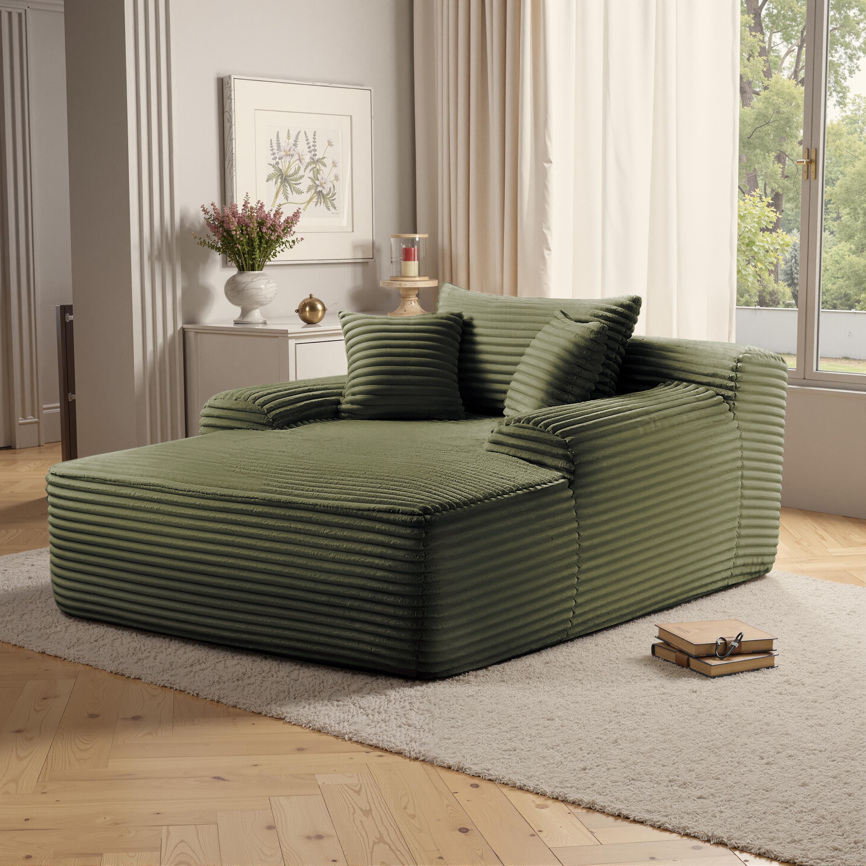 65" Oversized Chaise Lounge Chair with Wide Armrest & Throw Pillows,Corduroy Upholstered Boneless Sleeper Sofa Bed Armchair with Cup Holder for Living Room,No Assembly Required,Green