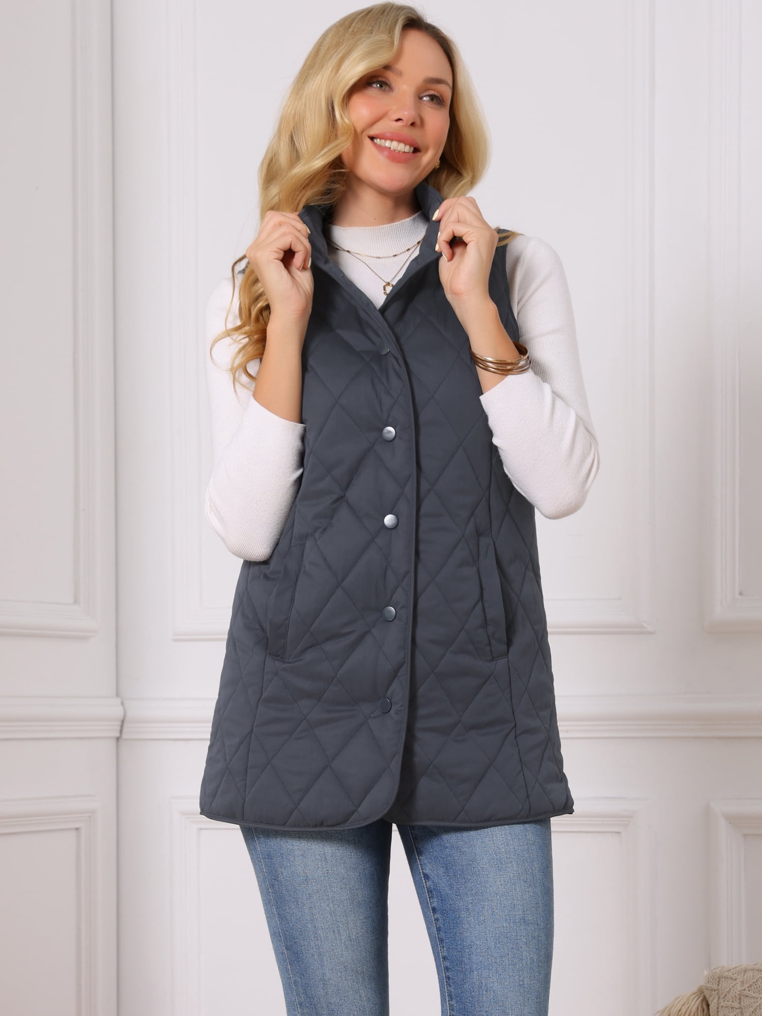 DARING DIVA Women's Stand Collar Sleeveless Puffy Jacket Lightweight Gilet M Dark Blue