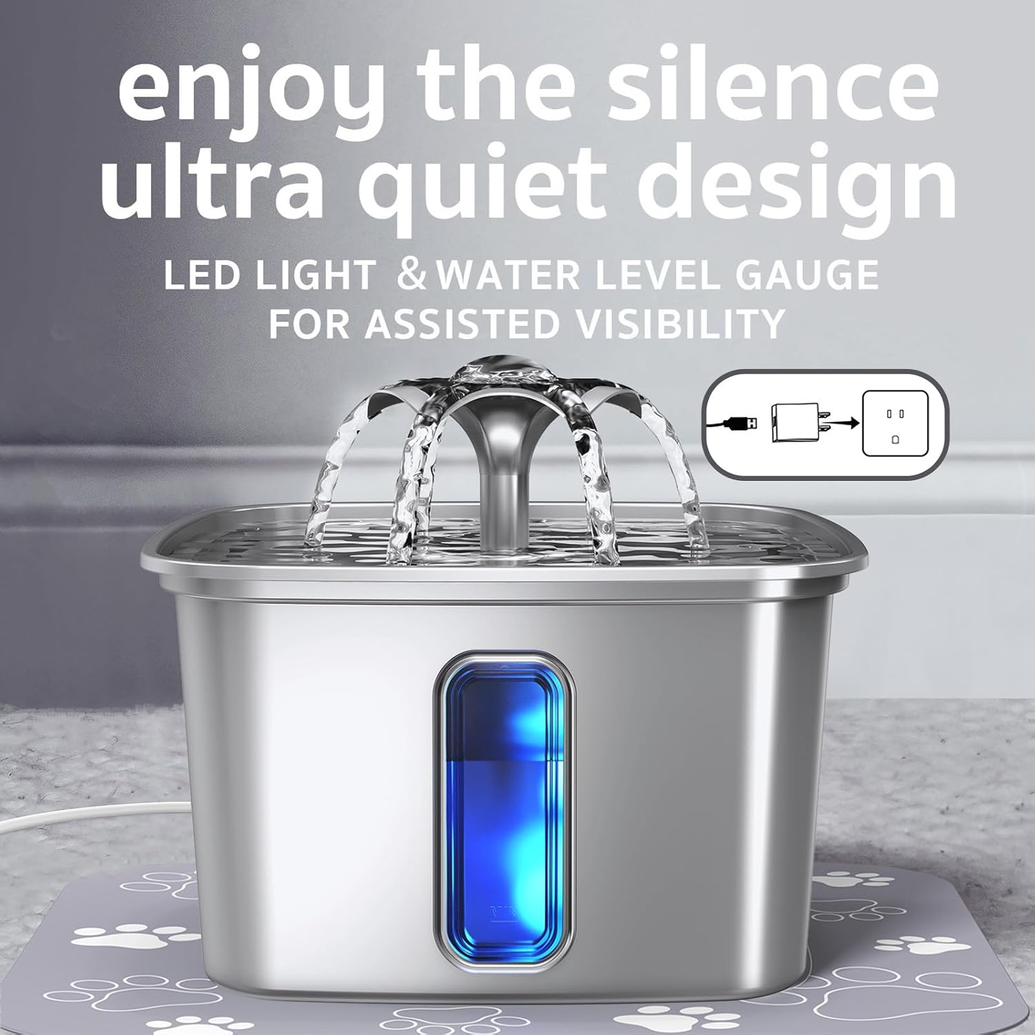 Innovation Award Winner Stainless Steel Cat Water Fountain, 108oz/3.2L Automatic Pet Fountain Dog Water Dispenser with 6 Replacement Filters & Silicone Mat for Cats, Dogs, Multiple Pets (Silver)