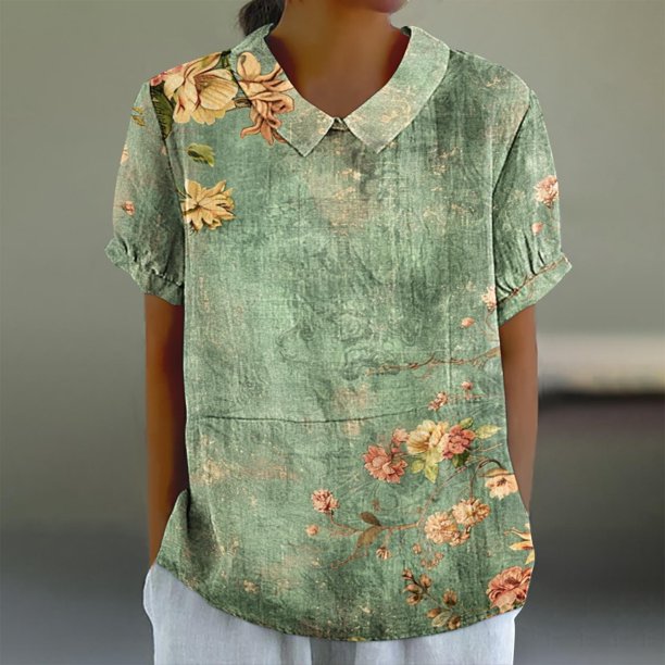 Fiudx Ofertas Flash Del Día Camiseta Holgada Informal con Estampado para Mujer, Tops de Manga Corta con Cuello de Muñeca, Blusa Bonita y de Lino