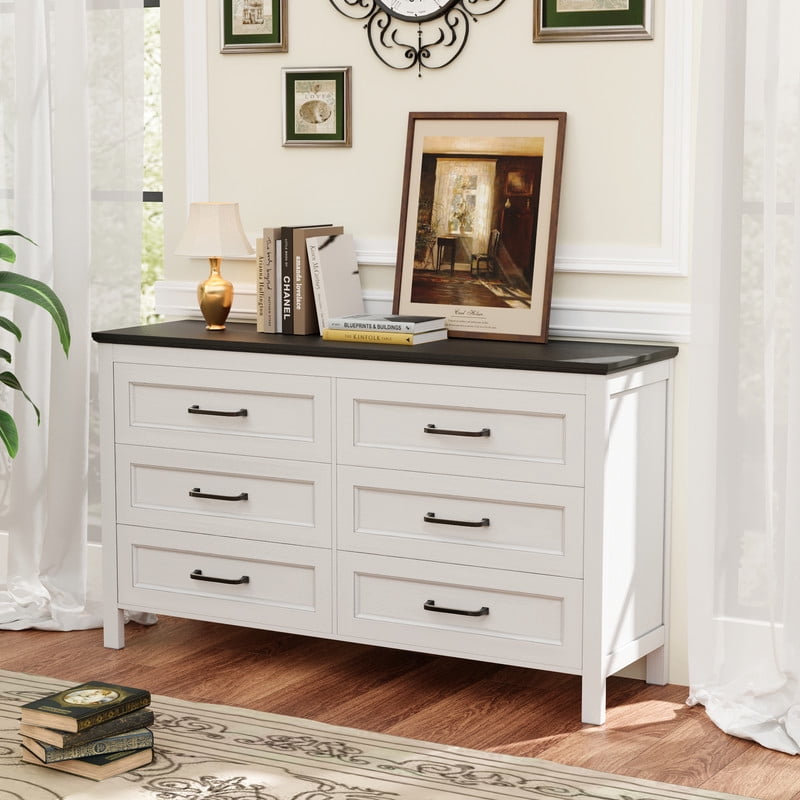 Homall 6-Drawer Wood Dresser for Bedroom, Large Storage Cabinet with Anti-Tip Safety and Footstool-Integrated Design, Double Classified Storage Organizer Chest for Living Room,Black and Brown