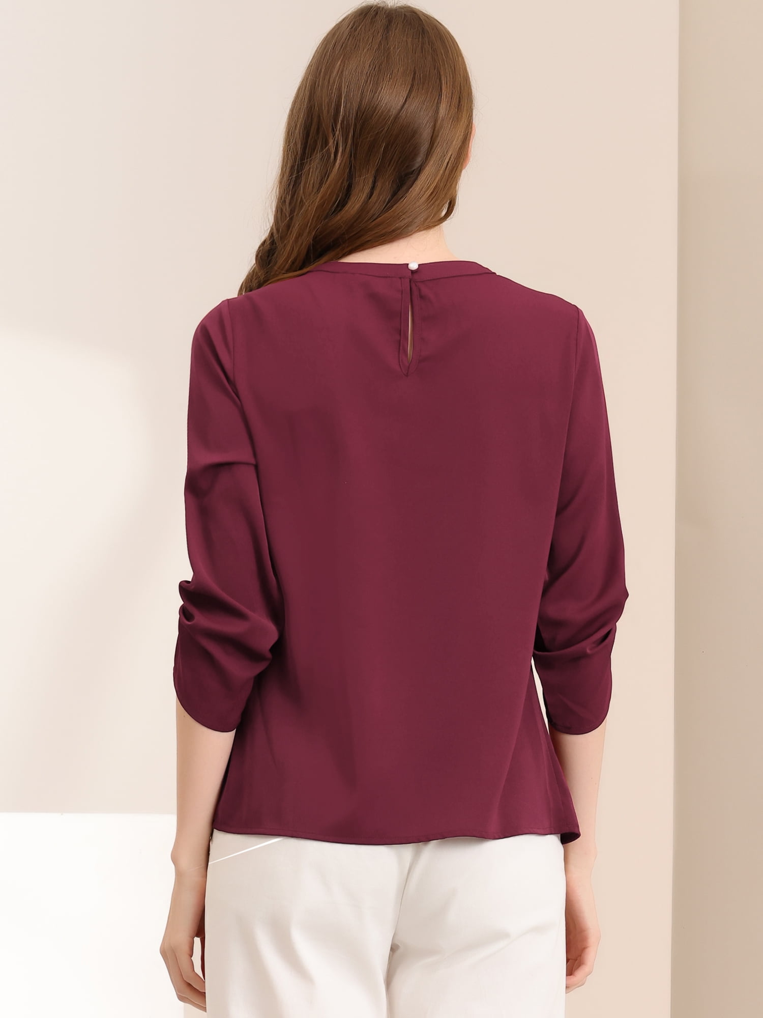 DARING DIVA Round Neck Keyhole Pleated Shirred Work Top M Wine Red