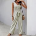 thumbnail image 7 of Women's Striped Print V‑Neck Sleeveless Jumpsuit Button Front Tie Waist Wide‑Leg Long Pants with Pockets Army Green XL(XL), 7 of 7