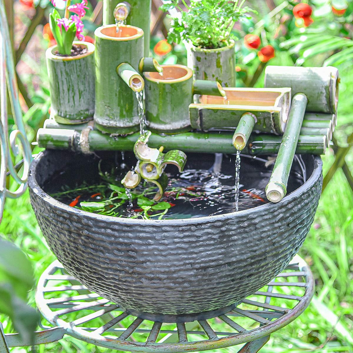Sungmor Hydroponic Planter Large Garden Bowl Micro Landscape Succulent Pot, 15.6" Dia. 0.5" Thickened Big Water Lily Container - Resin Marble Texture Functional Mini Fish Pond Fountain Bird Bath