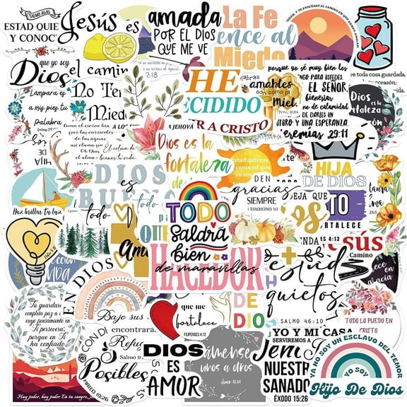 Jiibva 50Pcs Spanish Bible Stickers Cute Graffiti Stickers Reusable Bible Decals for Water Bottle Laptop Luggage Decoration
