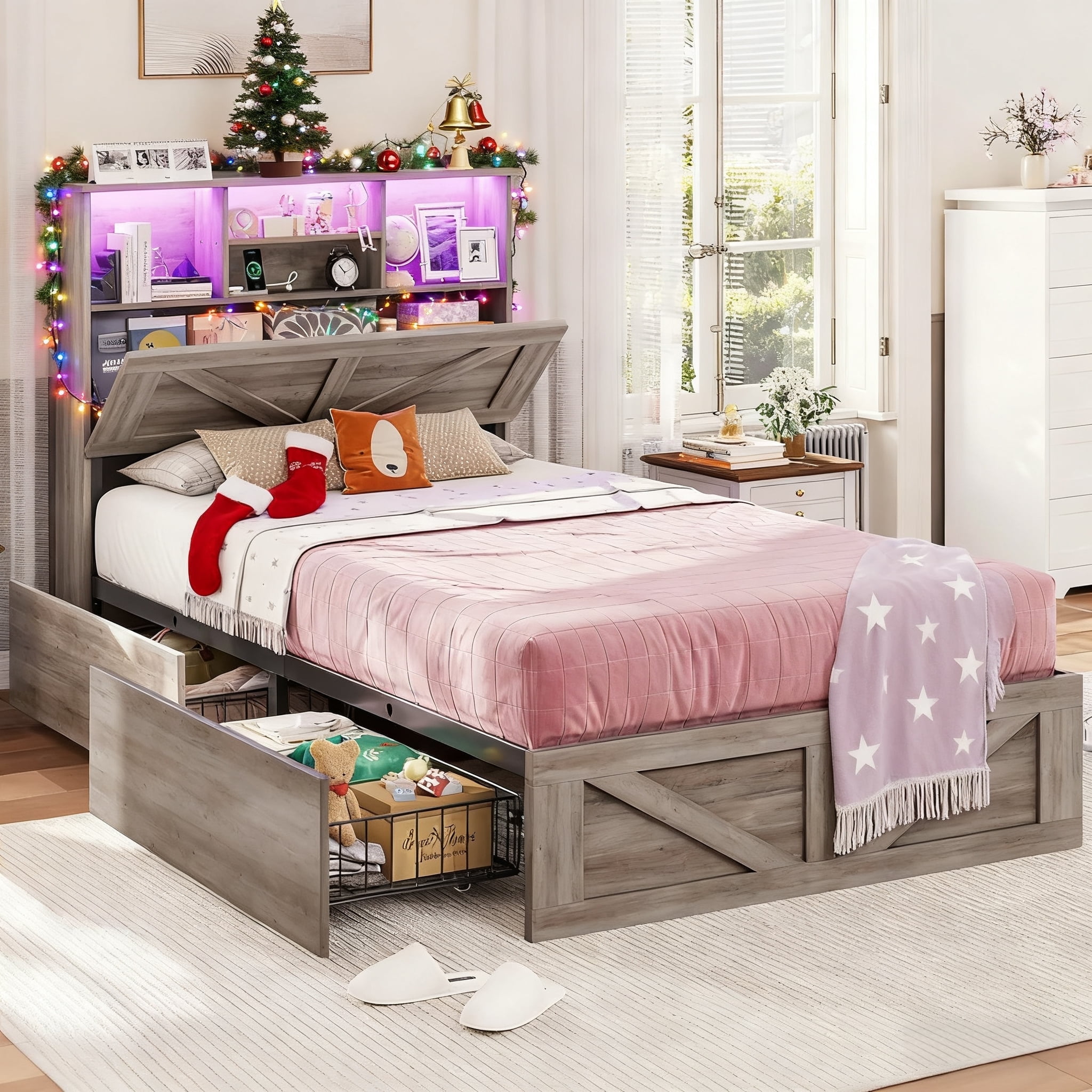Twin Size Bed Frame, Farmhouse Wooden Platform Twin Bed with Storage Headboard Bookcase and 11'' Under-bed Storage Drawers Gray