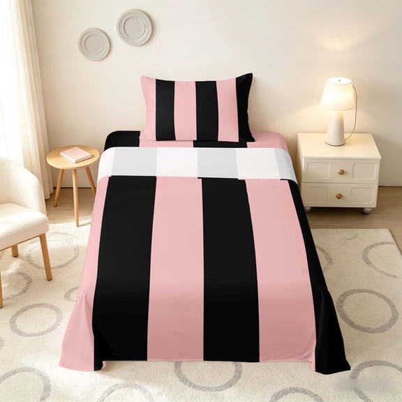 Manfei Geometric Stripe Twin Sheets, Pink Black Minimalist Bedding, Pink Reversible 3-Piece1 Flat Sheet 1 Fitted Sheet 1 Pillowcase