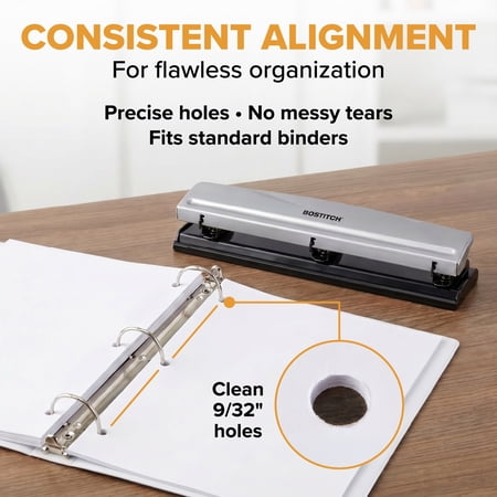 Bostitch Office Premium 3 Hole Punch, 12 Sheet Capacity, Metal, Rubber Base, Easy-Clean Tray, Silver - Image 1