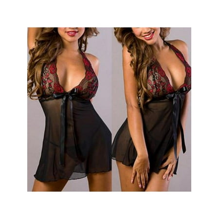 

Topumt Women Sexy Deep V Lace Net Yarn Splicing Sleeveless Tie Transparent Sleepwear