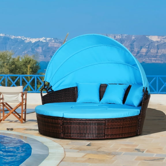 Outsunny Rattan Daybed Patio Furniture Set w/ Adjustable Canopy, Blue
