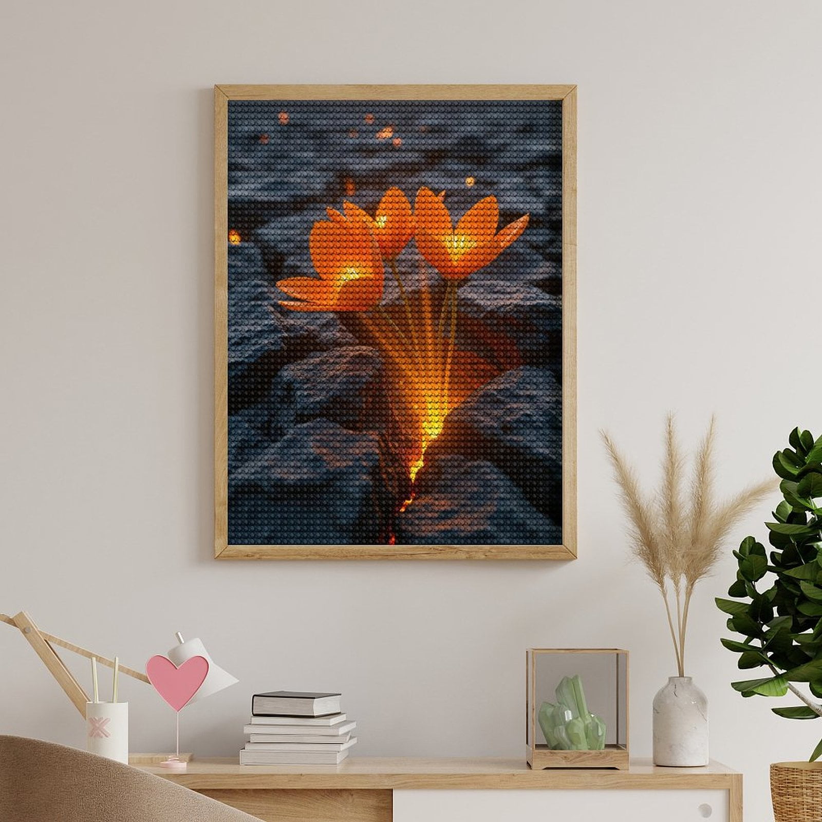 Diamond Art Kits for Adults - Orange Flowers Emerge Glowing Rocks 5d Diamond Painting for Adults, Diamond Art for Adults Beginners, Frameless Diamond Painting Kits for Adults for Home Wall Decor
