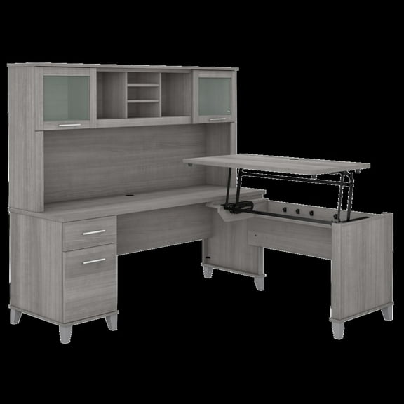 Somerset 72W Sit to Stand L Desk with Hutch in Platinum Gray - Engineered Wood
