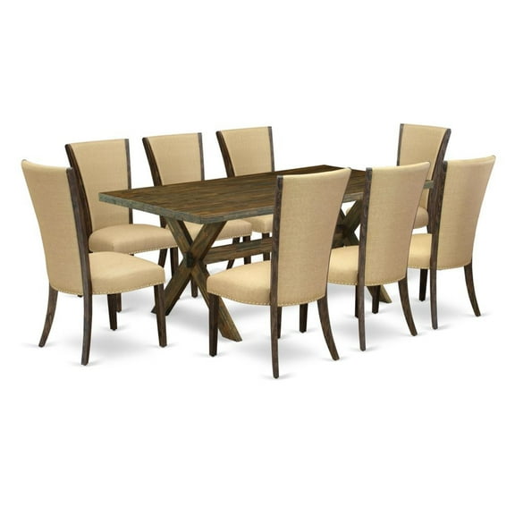 East West Furniture X777VE703-9 9Pc Dining Table Set Includes a Kitchen Table and 8 Upholstered Dining Chairs with Brown Color Linen Fabric, Medium Size Table with Full Back Chairs, Distressed...