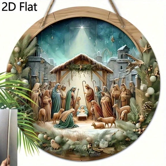 HELLOYOUNG Birth of Jesus Christmas Wooden Sign, 2D Round Wreath Metal Wall Art for Home Church Christian Holiday Gift, Rustic Door Hanging Decor