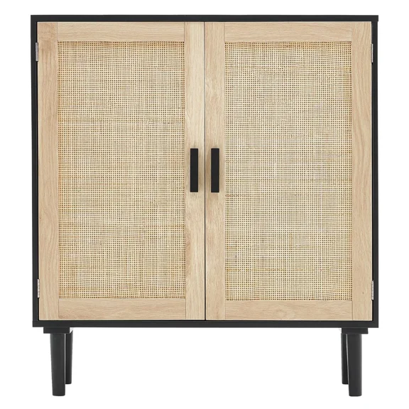 Black rattan storage cabinet with magnetic doors and adjustable shelves – a stylish side cabinet suitable for hallways, entryways, living rooms, or kitchens.