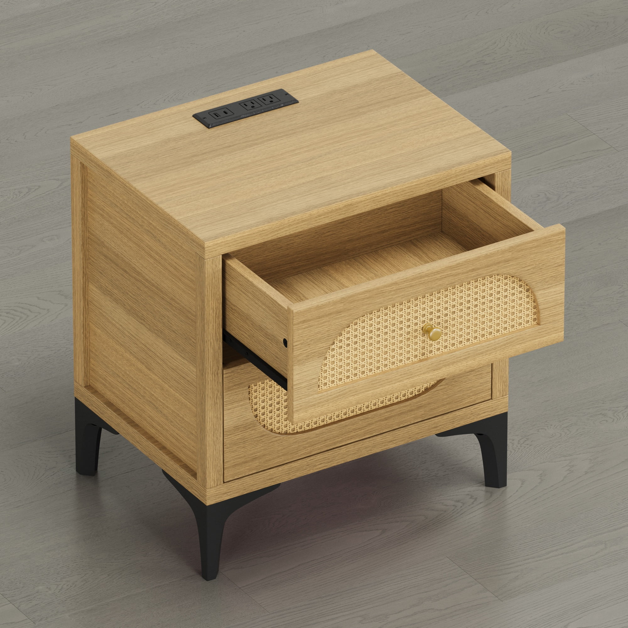 Spruce & Spring Boho Nightstands Set of 2, 2-Drawer End Tables with Charging Station, Rattan Front, Natural Wood Finish