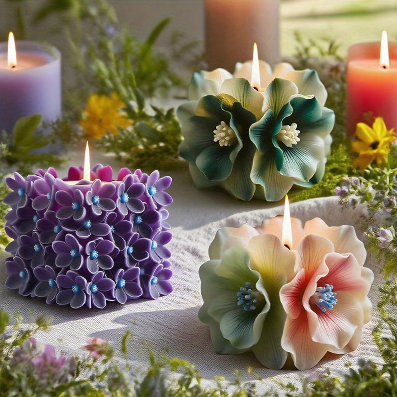 3Pcs Square Hydrangea Silicone Candle Mold, Floral Cube Candle Molds for DIY Candle Making Soap Resin Home Decor