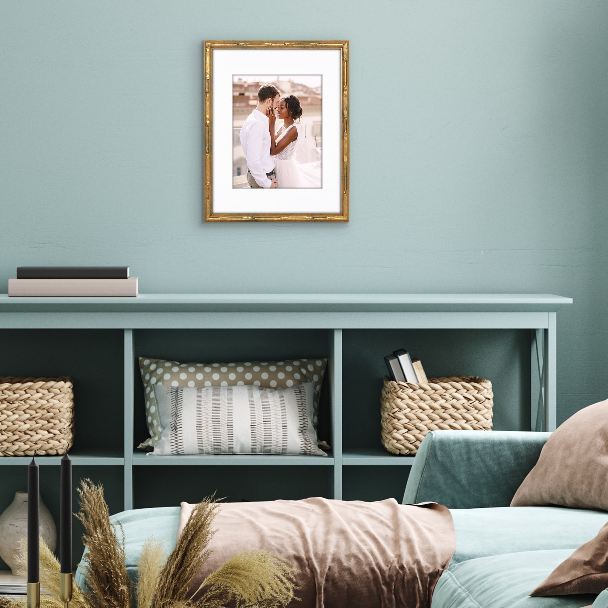 Americanflat 11x14 Picture Frame with Shatter-Resistant Glass with 8x10 Mat Bamboo Design Display Photo - Gold