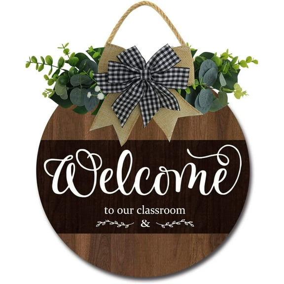 Eveokoki 12" Welcome to Our Classroom for Front Door Farmhouse Porch ,Rustic Round Wooden Hanging Wreaths for Housewarming gift Christmas Festival Decoration Outdoor Indoor Wall Decor