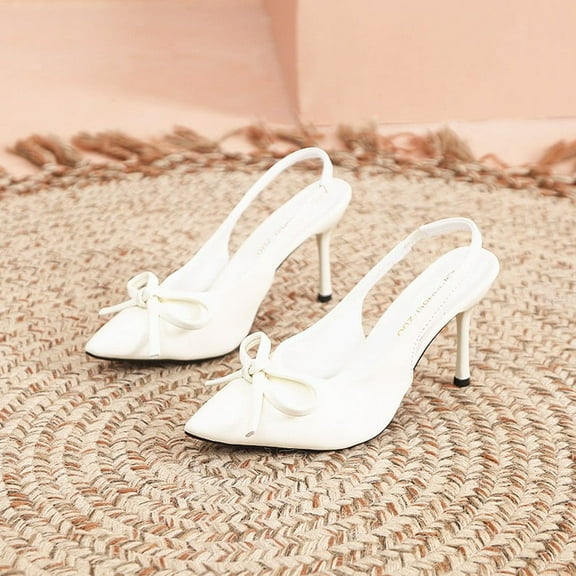 Viluyesy Women's Stilettos Sandals, Slingback Spring Summer Bow Pointed Toe Ladies Wedding Party Dress Shoes Beige 5.5