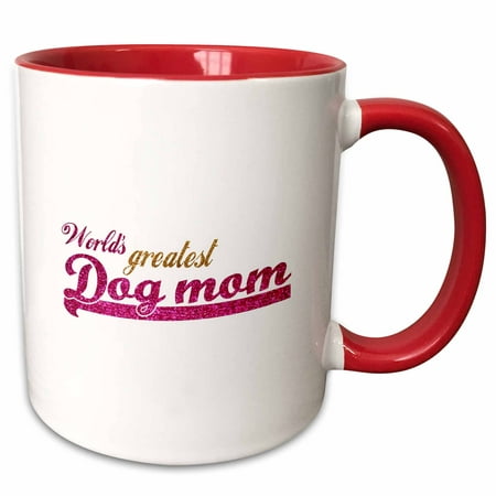 3dRose Worlds Greatest Dog mom - best pet owner gifts for her - pink fun humorous funny doggy lover present - Two Tone Red Mug,