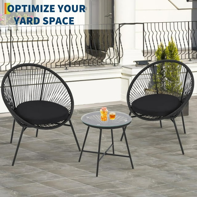 AKDSteel 3 Piece Rattan Bistro Set With Seat Cushions, Outdoor Wicker Patio Modern Lounge Furniture Set, Includes 2 Chairs And Glass Coffee Table For Balcony, Garden Or Yard