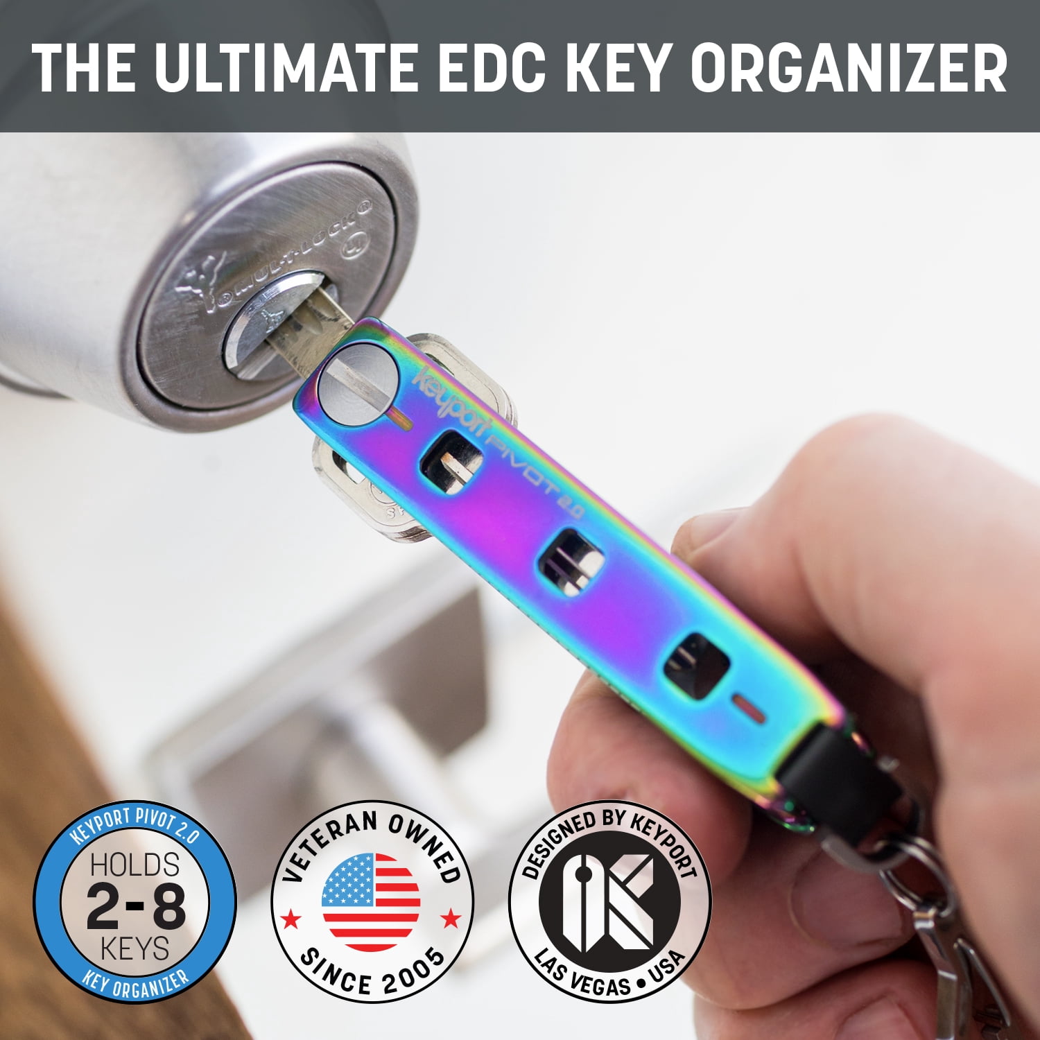 Keyport Pivot 2.0 Key Organizer Keychain (Iridescent Stainless Steel) - Keys + Pocket Tools + Lost & Found All-in-One