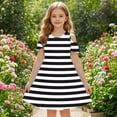 thumbnail image 4 of Annhoo Girls off the Shoulder Dresses Crew Beck Short Sleeve A-Line Striped Loose Casual Comfy Dresses 3-14 Years, 4 of 8